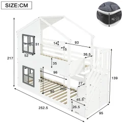 ModernLuxe Lit superposé enfant 90x200 cm avec fenêtre - avec échelle de rangement - bois massif + MDF - blanc + gris (sans matelas) Discount