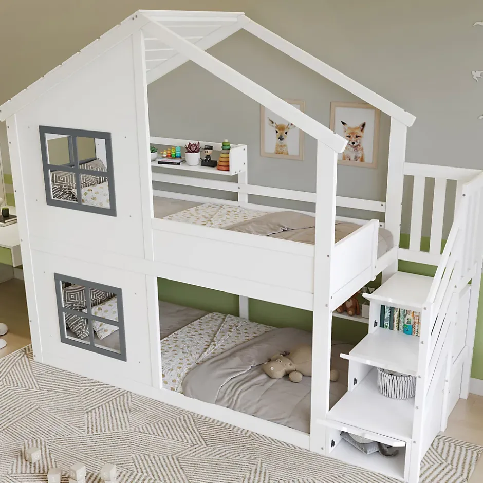 ModernLuxe Lit superposé enfant 90x200 cm avec fenêtre - avec échelle de rangement - bois massif + MDF - blanc + gris (sans matelas) Discount