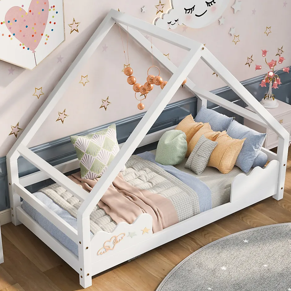 Enfant Okwish Lit Superposé enfant 90x200 cm - Lit Simple en Bois Massif de Pin, Capacité 120 kg, Sans Matelas, Blanc