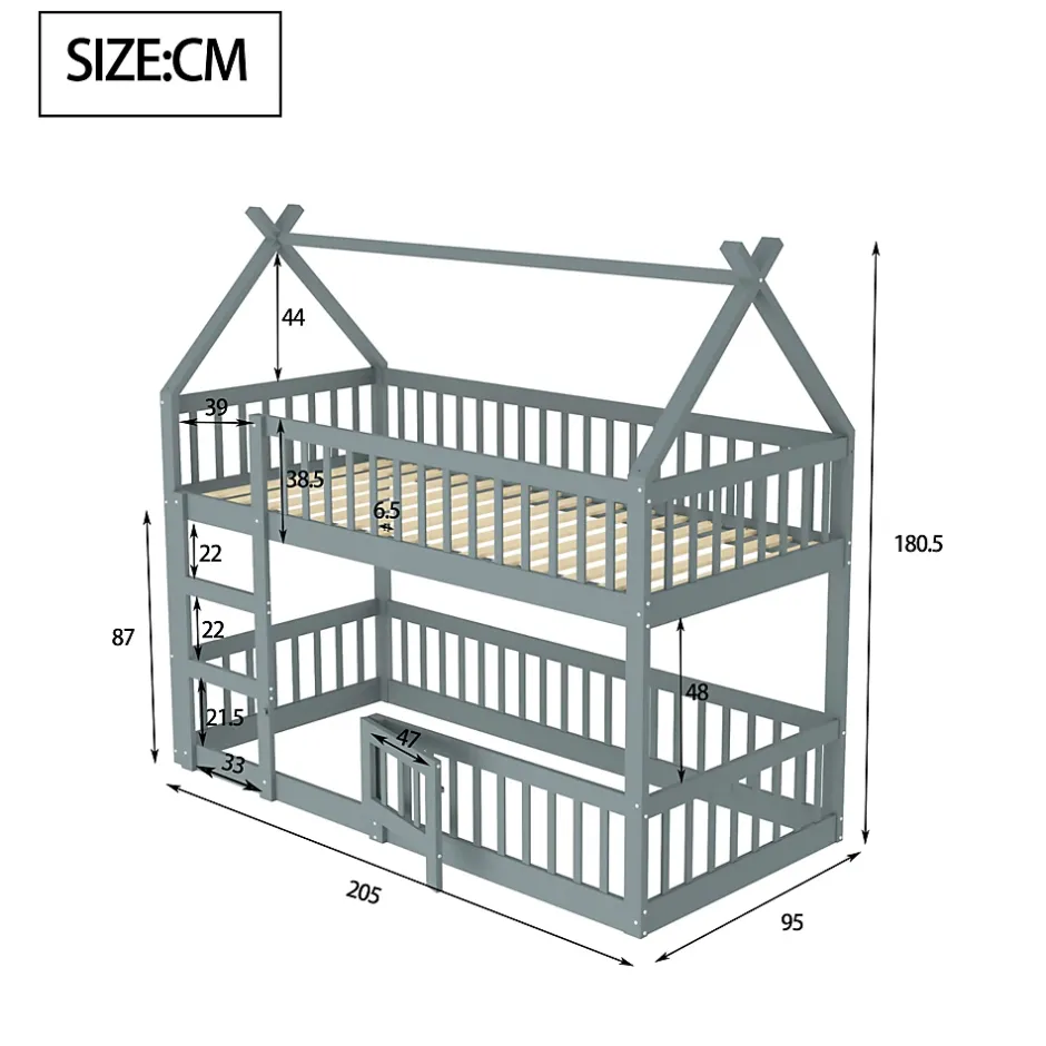 Okwish Lit Superposé Enfant 90x200 cm - avec escalier sécurisé et rangement, Bois Massif + MDF - Gris, sans matelas New