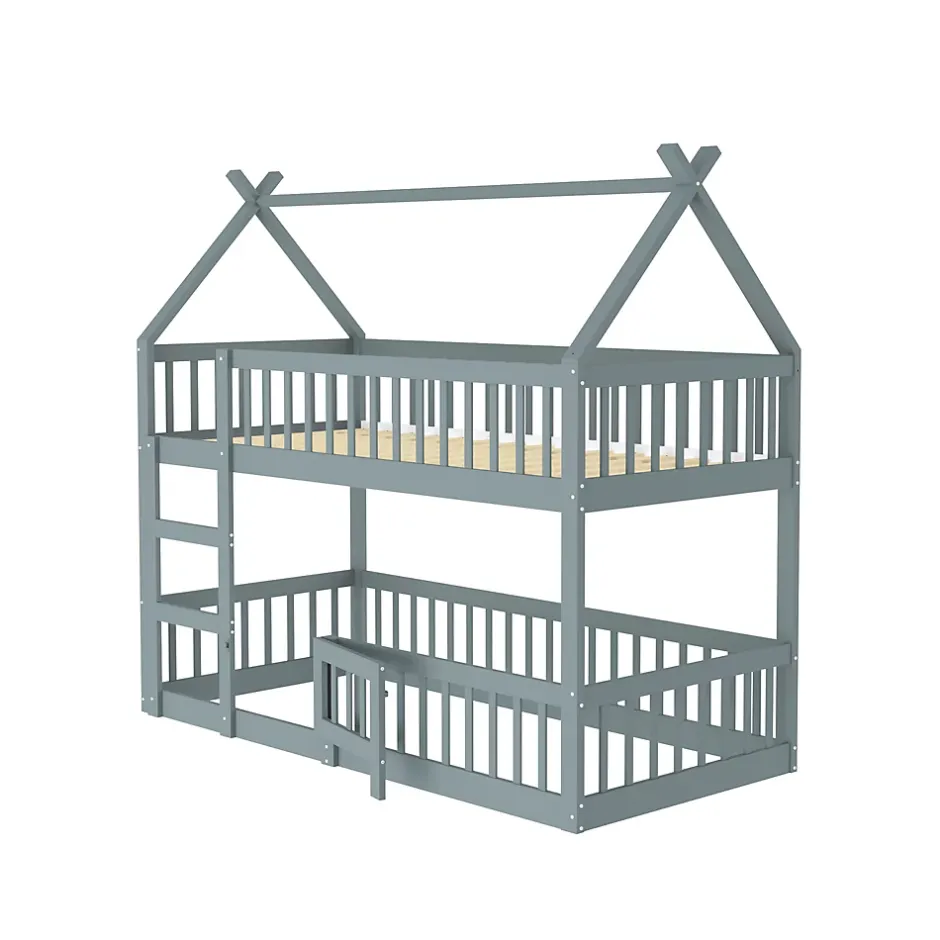 Okwish Lit Superposé Enfant 90x200 cm - avec escalier sécurisé et rangement, Bois Massif + MDF - Gris, sans matelas New