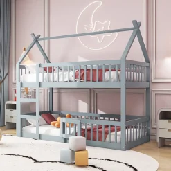 Okwish Lit Superposé Enfant 90x200 cm - avec escalier sécurisé et rangement, Bois Massif + MDF - Gris, sans matelas New