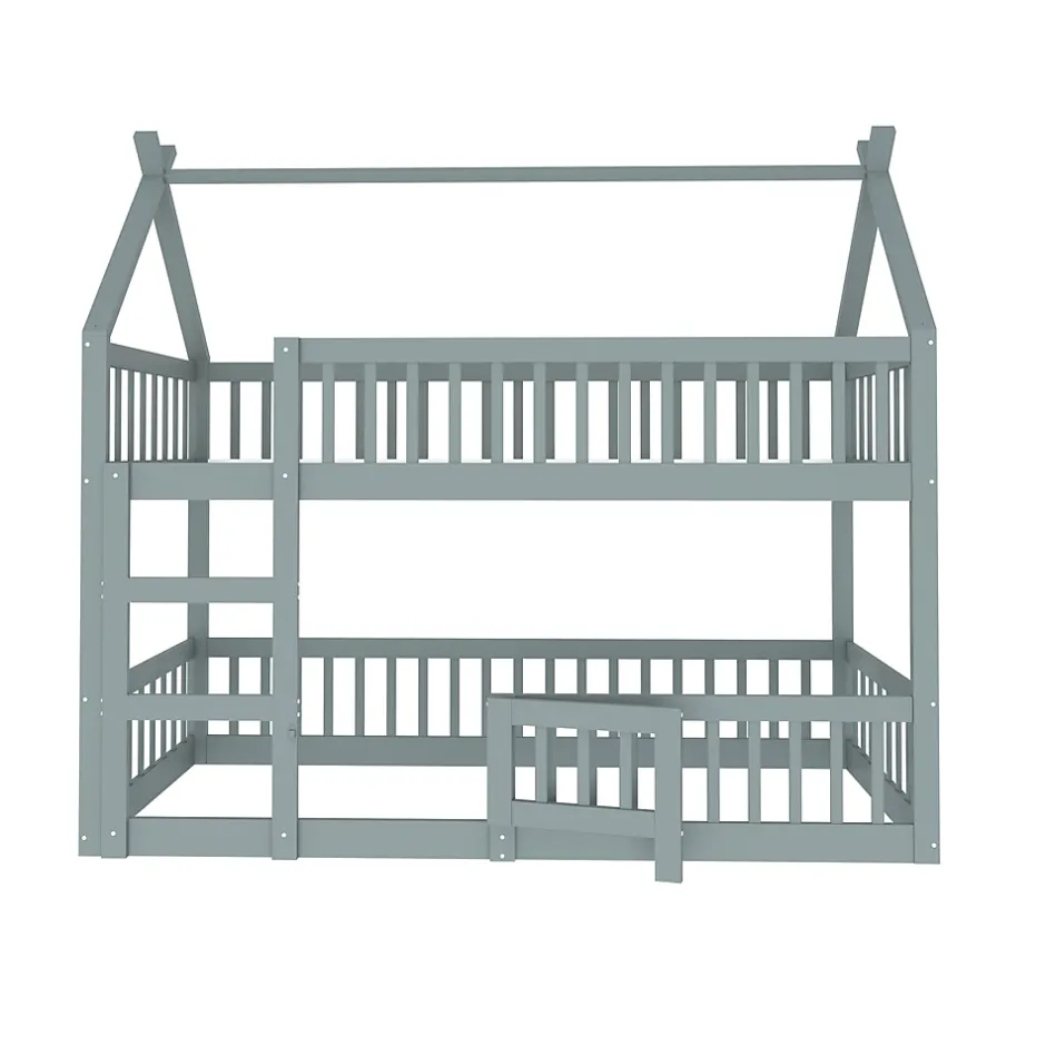 Okwish Lit Superposé Enfant 90x200 cm - avec escalier sécurisé et rangement, Bois Massif + MDF - Gris, sans matelas New