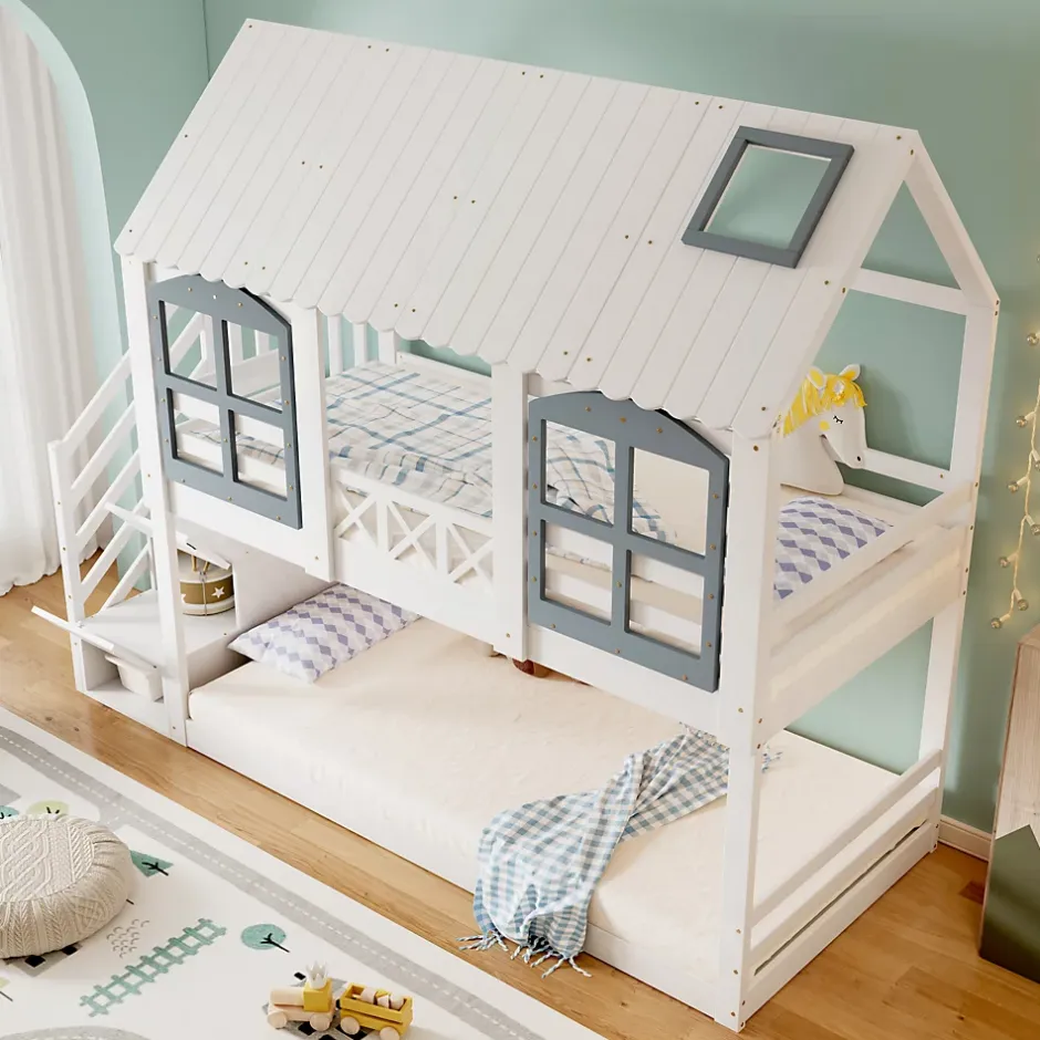 ProximaX Lit superposé enfant 90x200 cm blanc/gris en pin et MDF avec barrières de sécurité, 3 tiroirs et rangement Online