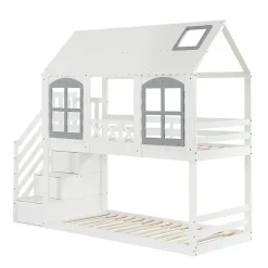 ProximaX Lit superposé enfant 90x200 cm blanc/gris en pin et MDF avec barrières de sécurité, 3 tiroirs et rangement Online