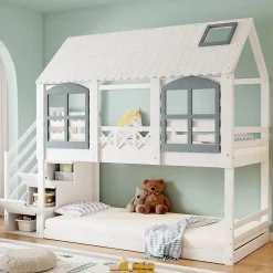 ProximaX Lit superposé enfant 90x200 cm blanc/gris en pin et MDF avec barrières de sécurité, 3 tiroirs et rangement Online
