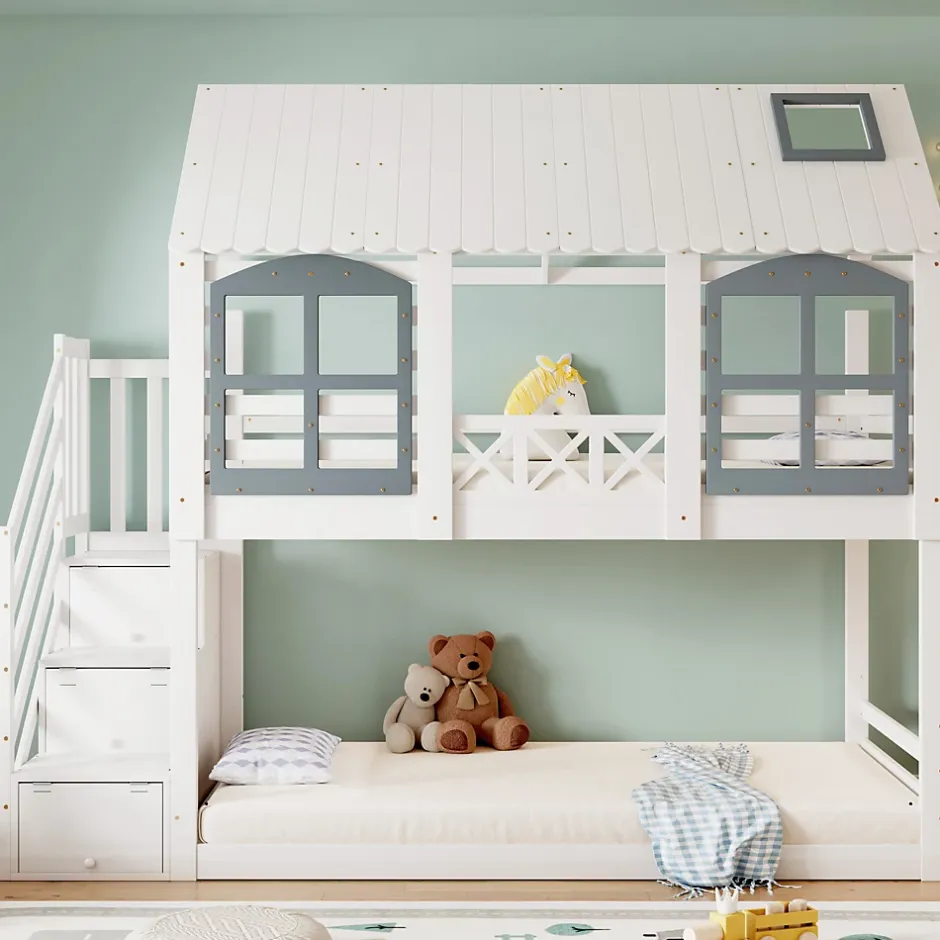 ProximaX Lit superposé enfant 90x200 cm blanc/gris en pin et MDF avec barrières de sécurité, 3 tiroirs et rangement Online
