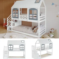 ProximaX Lit superposé enfant 90x200 cm blanc/gris en pin et MDF avec barrières de sécurité, 3 tiroirs et rangement Online