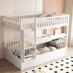 ProximaX Lit superposé enfant 90x200 cm en bois massif blanc avec système de rangement hydraulique, lit solide, durable et fonctionnel New