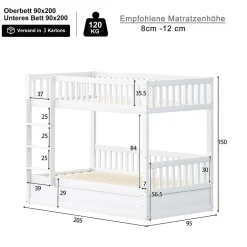ProximaX Lit superposé enfant 90x200 cm en bois massif blanc avec système de rangement hydraulique, lit solide, durable et fonctionnel New