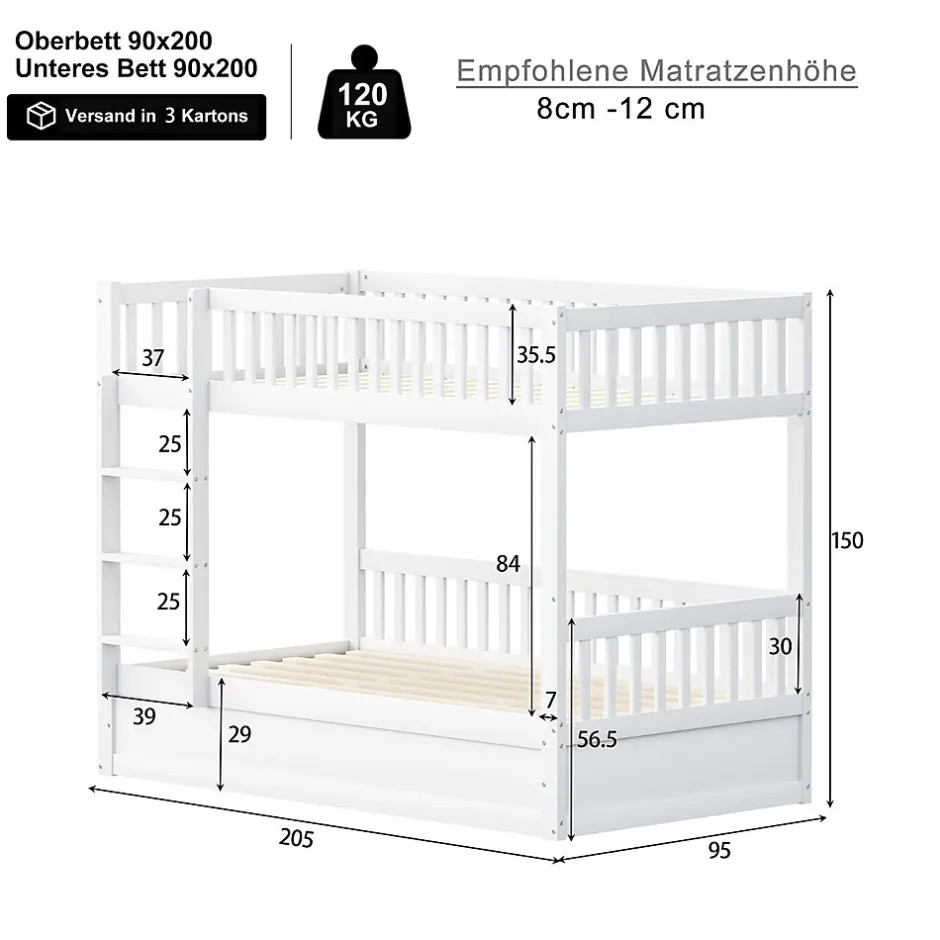 ProximaX Lit superposé enfant 90x200 cm en bois massif blanc avec système de rangement hydraulique, lit solide, durable et fonctionnel New