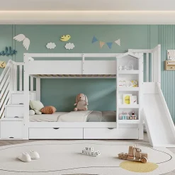 ModernLuxe Lit superposé enfant 90x200 cm avec escalier de rangement et toboggan - bibliothèque illustrée - 2 tiroirs - blanc (sans matelas) Outlet