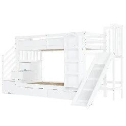 ModernLuxe Lit superposé enfant 90x200 cm avec escalier de rangement et toboggan - bibliothèque illustrée - 2 tiroirs - blanc (sans matelas) Outlet