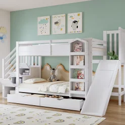 ModernLuxe Lit superposé enfant 90x200 cm avec escalier de rangement et toboggan - bibliothèque illustrée - 2 tiroirs - blanc (sans matelas) Outlet