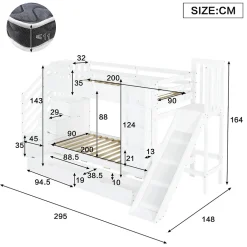 ModernLuxe Lit superposé enfant 90x200 cm avec escalier de rangement et toboggan - bibliothèque illustrée - 2 tiroirs - blanc (sans matelas) Outlet