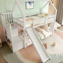 Enfant Okwish Lit Superposé Enfant 90x200 cm - Lit avec Toboggan et Escalier de Rangement - Cadre Bois MDF - Sans Matelas - Blanc
