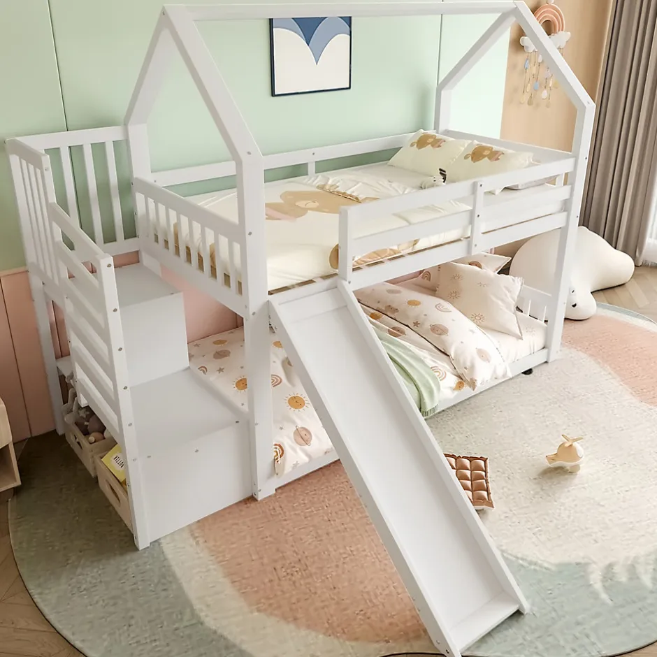 Enfant Okwish Lit Superposé Enfant 90x200 cm - Lit avec Toboggan et Escalier de Rangement - Cadre Bois MDF - Sans Matelas - Blanc