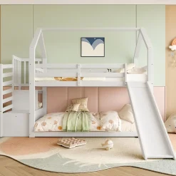 Enfant Okwish Lit Superposé Enfant 90x200 cm - Lit avec Toboggan et Escalier de Rangement - Cadre Bois MDF - Sans Matelas - Blanc