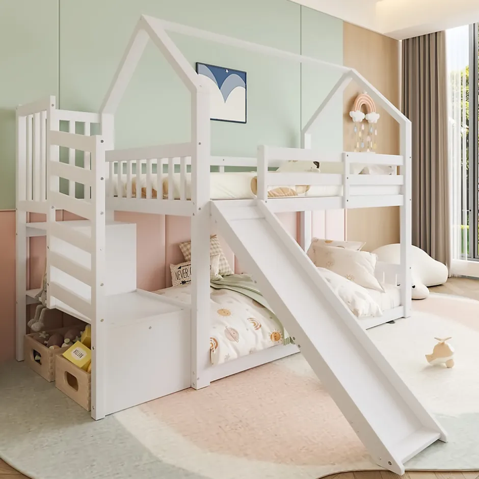 Enfant Okwish Lit Superposé Enfant 90x200 cm - Lit avec Toboggan et Escalier de Rangement - Cadre Bois MDF - Sans Matelas - Blanc