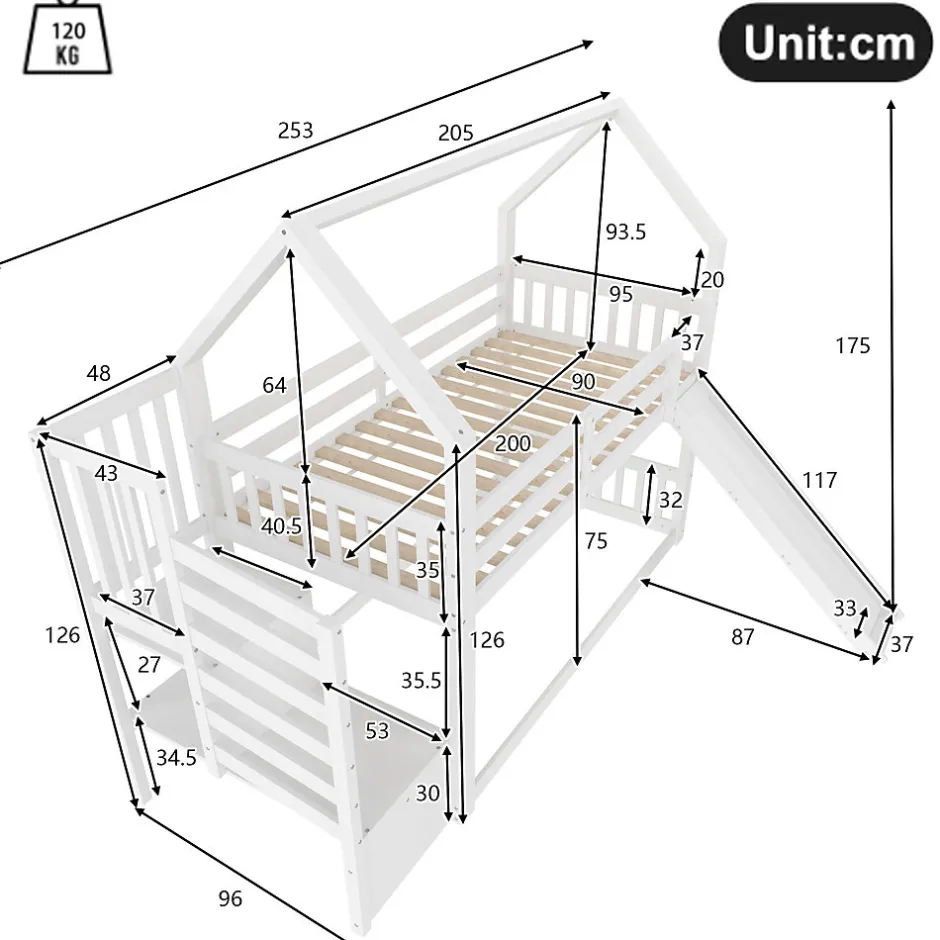 Enfant Okwish Lit Superposé Enfant 90x200 cm - Lit avec Toboggan et Escalier de Rangement - Cadre Bois MDF - Sans Matelas - Blanc
