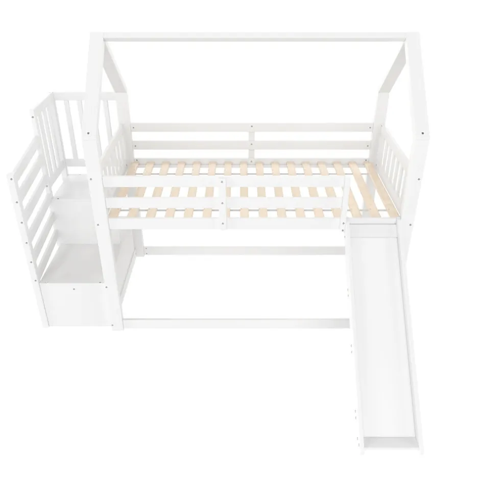 Enfant Okwish Lit Superposé Enfant 90x200 cm - Lit avec Toboggan et Escalier de Rangement - Cadre Bois MDF - Sans Matelas - Blanc