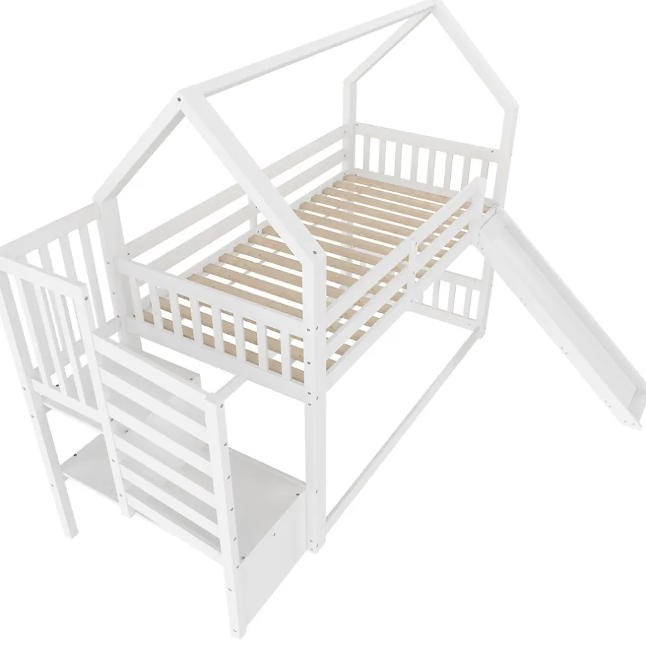 Enfant Okwish Lit Superposé Enfant 90x200 cm - Lit avec Toboggan et Escalier de Rangement - Cadre Bois MDF - Sans Matelas - Blanc