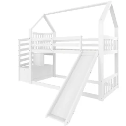 Enfant Okwish Lit Superposé Enfant 90x200 cm - Lit avec Toboggan et Escalier de Rangement - Cadre Bois MDF - Sans Matelas - Blanc
