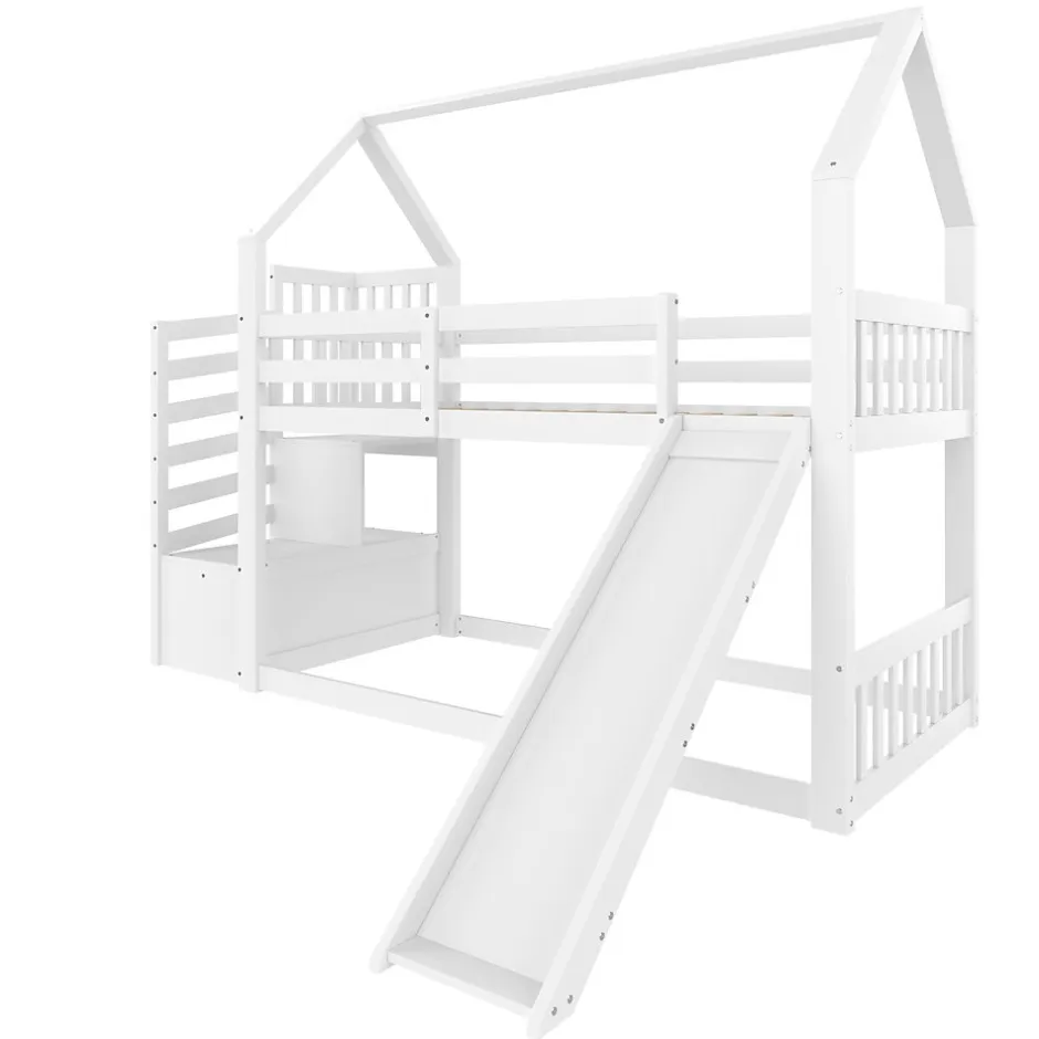 Enfant Okwish Lit Superposé Enfant 90x200 cm - Lit avec Toboggan et Escalier de Rangement - Cadre Bois MDF - Sans Matelas - Blanc