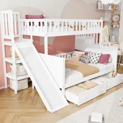 ProximaX Lit superposé enfant 90x200/140x200 cm en bois massif avec toboggan, escaliers sécurisés, 2 grands tiroirs et sommier, blanc Online