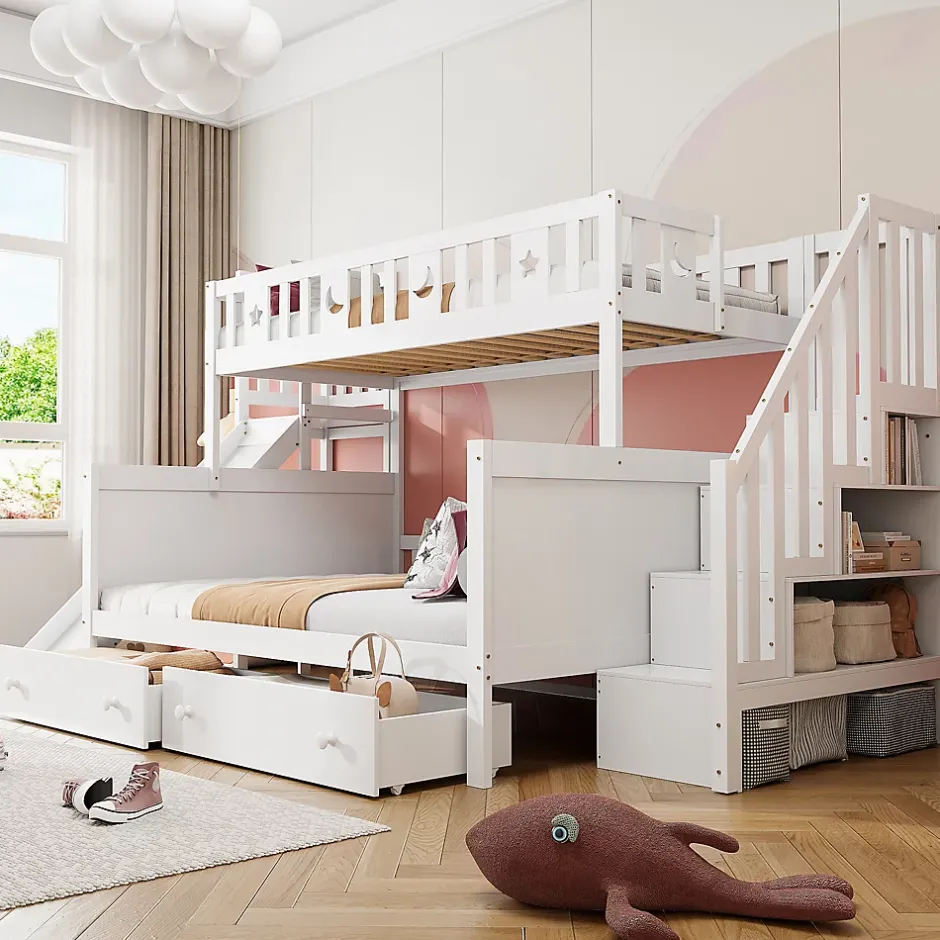 ProximaX Lit superposé enfant 90x200/140x200 cm en bois massif avec toboggan, escaliers sécurisés, 2 grands tiroirs et sommier, blanc Online