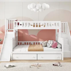 ProximaX Lit superposé enfant 90x200/140x200 cm en bois massif avec toboggan, escaliers sécurisés, 2 grands tiroirs et sommier, blanc Online