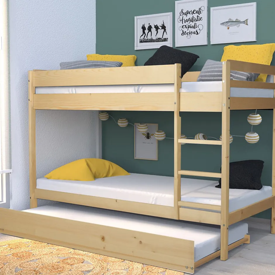 Enfant Bb Loisir Lit superposé et 1 lit tiroir 90x190 WILL Bois naturel incl. Sommier