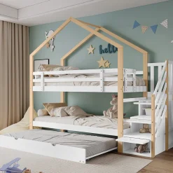 Enfant Fortuna lai Lit superposé extensible avec échelle 3 tiroirs, sécurité, cadre bois, naturel,blanc