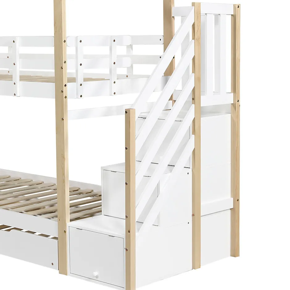 Enfant Fortuna lai Lit superposé extensible avec échelle 3 tiroirs, sécurité, cadre bois, naturel,blanc