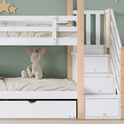 Enfant Fortuna lai Lit superposé extensible avec échelle 3 tiroirs, sécurité, cadre bois, naturel,blanc