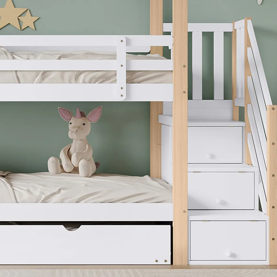 Enfant Fortuna lai Lit superposé extensible avec échelle 3 tiroirs, sécurité, cadre bois, naturel,blanc