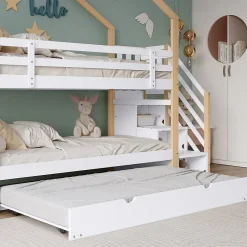 Enfant Fortuna lai Lit superposé extensible avec échelle 3 tiroirs, sécurité, cadre bois, naturel,blanc