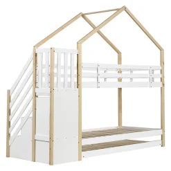 Enfant Fortuna lai Lit superposé extensible avec échelle 3 tiroirs, sécurité, cadre bois, naturel,blanc