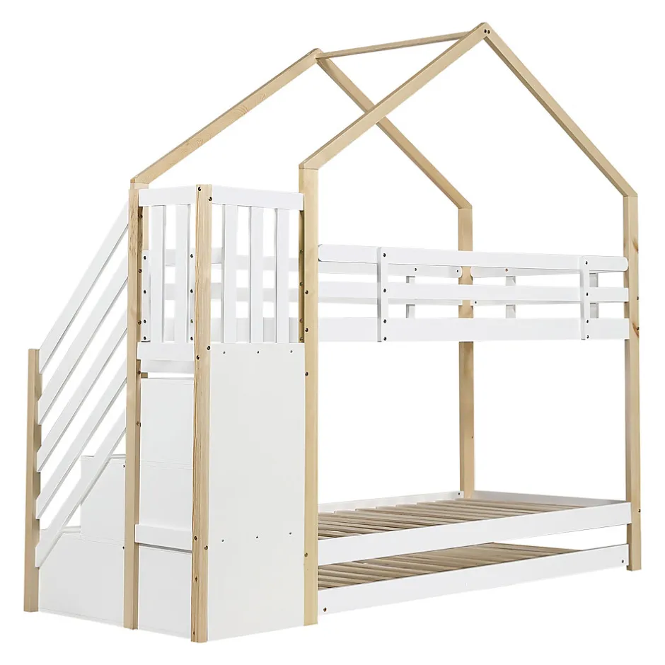 Enfant Fortuna lai Lit superposé extensible avec échelle 3 tiroirs, sécurité, cadre bois, naturel,blanc