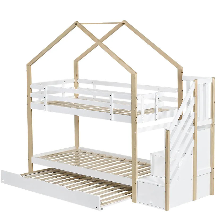 Enfant Fortuna lai Lit superposé extensible avec échelle 3 tiroirs, sécurité, cadre bois, naturel,blanc