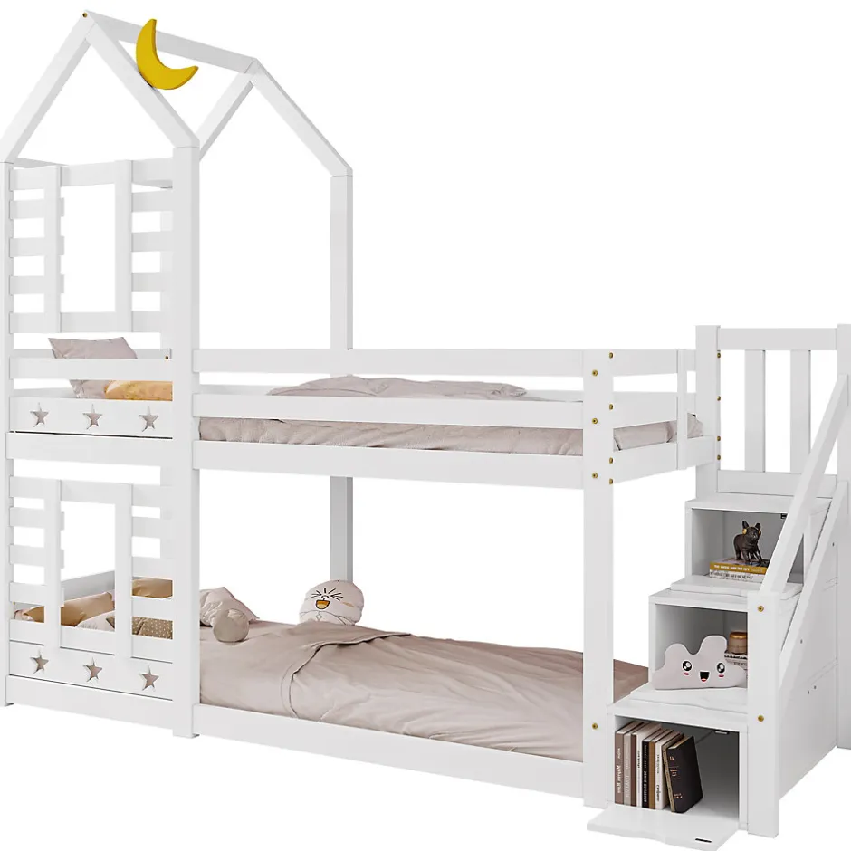 Urban Meuble Lit superposé lit enfant bois blanc escalier avec rangement 90x200cm