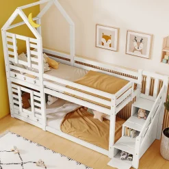 Urban Meuble Lit superposé lit enfant bois blanc escalier avec rangement 90x200cm