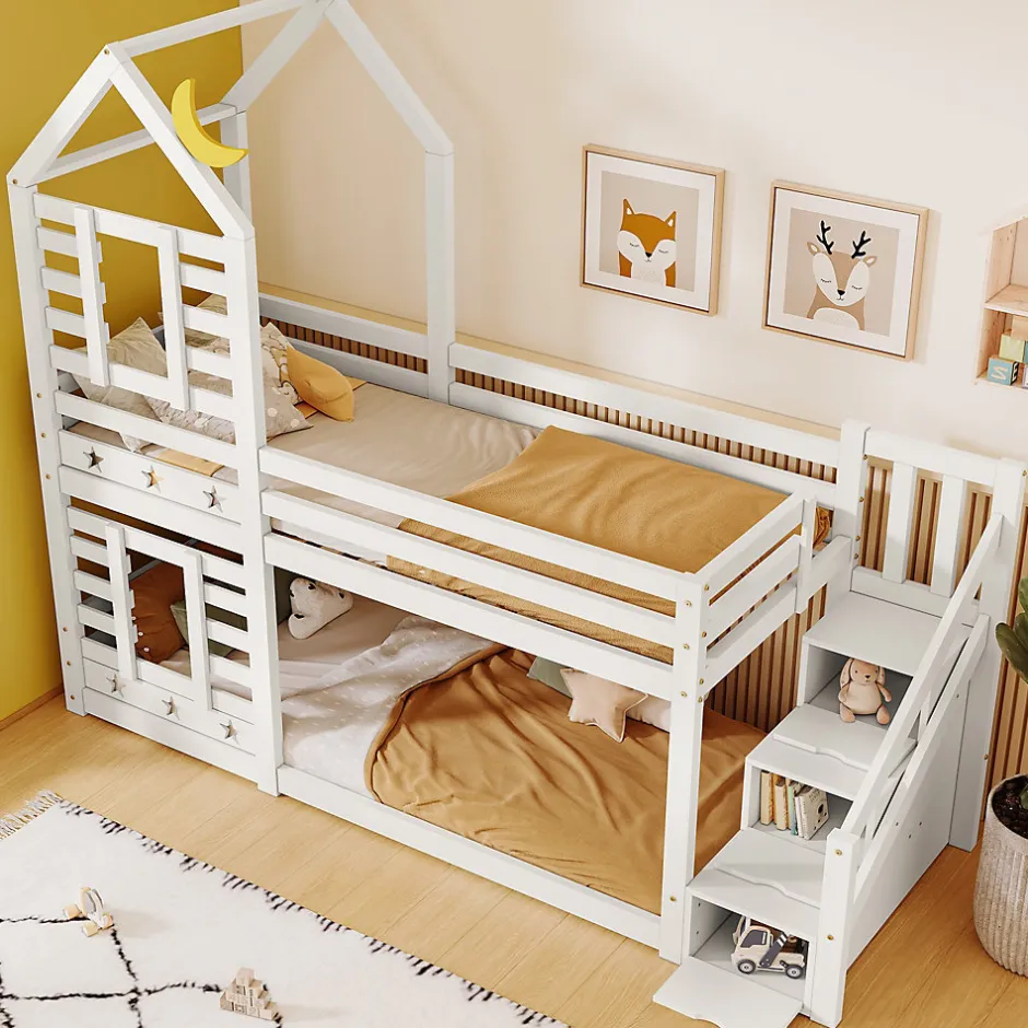 Urban Meuble Lit superposé lit enfant bois blanc escalier avec rangement 90x200cm