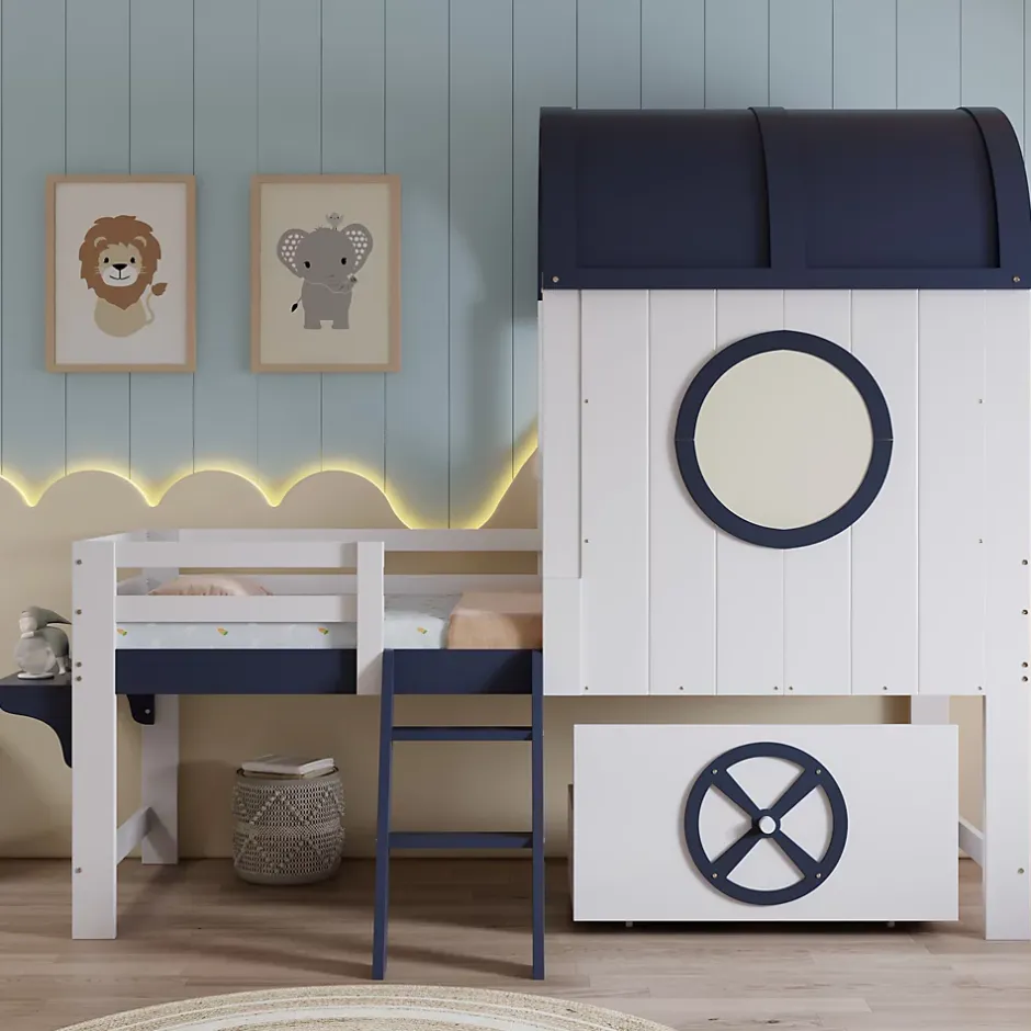 Redom Lit superposé mi-haut toit fenêtre tiroir roulettes échelle inclinée 2 marches pin MDF contreplaqué blanc bleu 90x200 Best