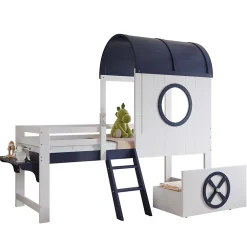 Redom Lit superposé mi-haut toit fenêtre tiroir roulettes échelle inclinée 2 marches pin MDF contreplaqué blanc bleu 90x200 Best