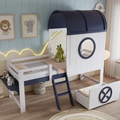 Redom Lit superposé mi-haut toit fenêtre tiroir roulettes échelle inclinée 2 marches pin MDF contreplaqué blanc bleu 90x200 Best