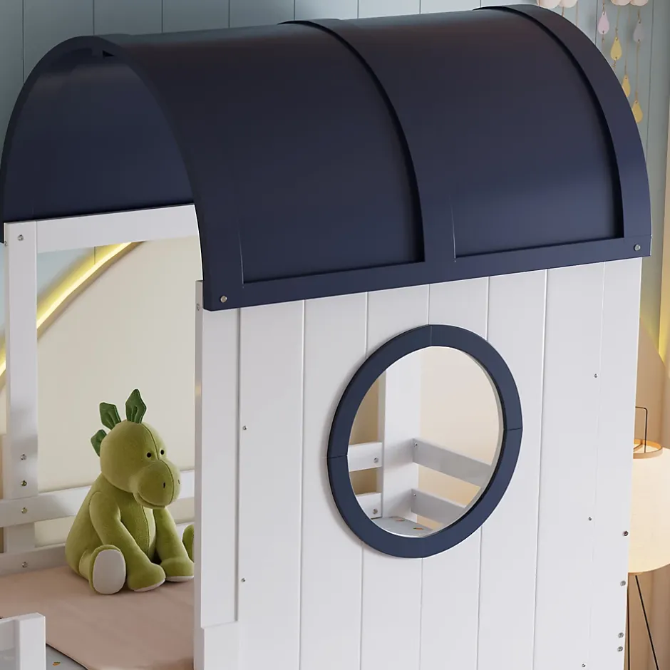 Redom Lit superposé mi-haut toit fenêtre tiroir roulettes échelle inclinée 2 marches pin MDF contreplaqué blanc bleu 90x200 Best