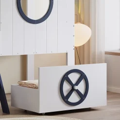 Redom Lit superposé mi-haut toit fenêtre tiroir roulettes échelle inclinée 2 marches pin MDF contreplaqué blanc bleu 90x200 Best