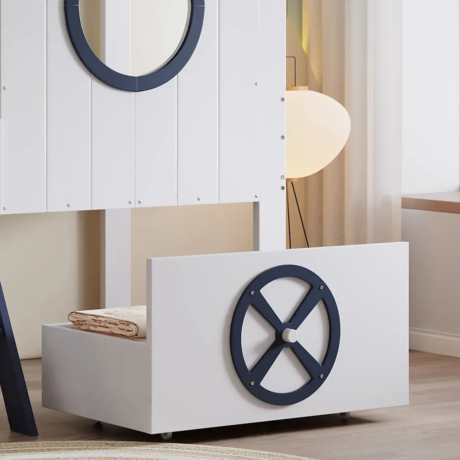 Redom Lit superposé mi-haut toit fenêtre tiroir roulettes échelle inclinée 2 marches pin MDF contreplaqué blanc bleu 90x200 Best