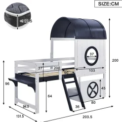 Redom Lit superposé mi-haut toit fenêtre tiroir roulettes échelle inclinée 2 marches pin MDF contreplaqué blanc bleu 90x200 Best